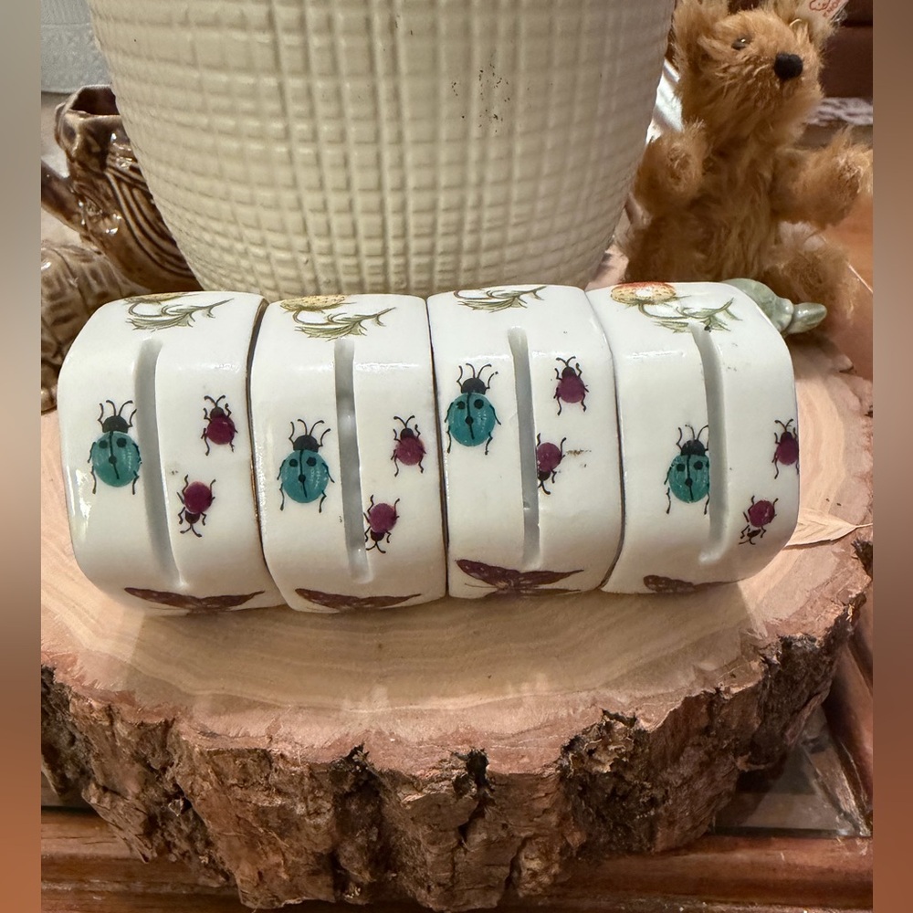4 Ardalt Porcelain Napkin Rings Place Card Holder Butterfly Lady Bugs Japan VTG